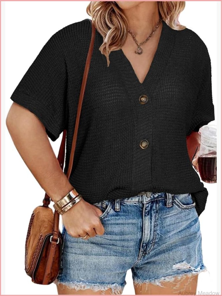 Plus Size V-Neck Waffle Knit Button Down Shirt
